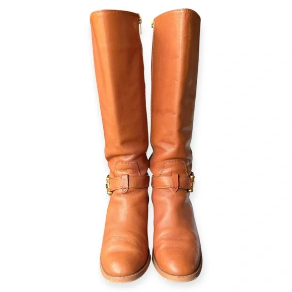 COACH Saddle Brown California Calf Leather Boots with Signature Gold Buckles, 9M - Picture 5 of 16